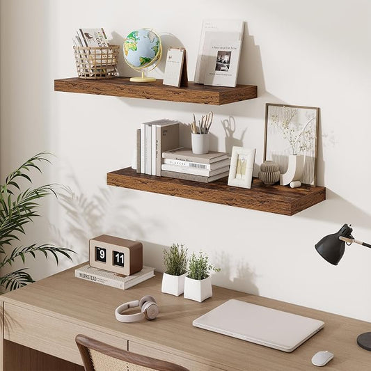 Fun Memories Floating Shelves for Wall, 32 Inch Long Floating Shelves Set of 2, 32 x 10 Wooden Shelves for Wall, Large Storage Shelves, Hanging Shelves for Bathroom Kitchen Bedroom, Rustic Brown