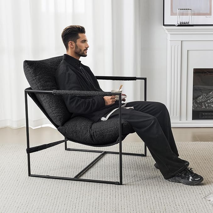 Furnilivng Large Sling Accent Chair, Comfortable Boucle Fabric Arm Chair, Upholstered Cozy Reading Chair for Living Room, Bedroom, Dressing Room, Home Office (Black, Set of 1)