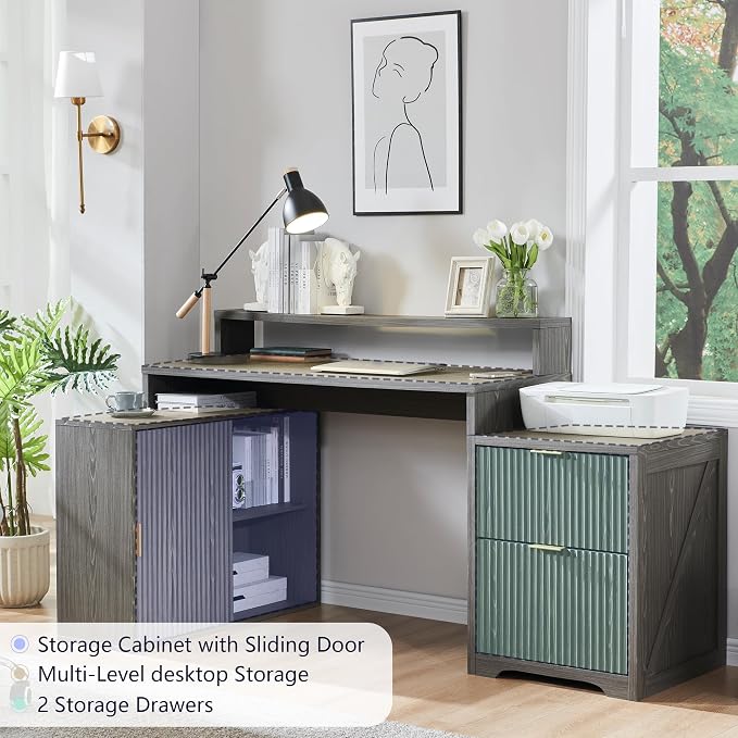 67"Modern Desk with Cabinet & 2 Drawers, Fluted Office Desk Built‑in Outlet | L Shaped Desk ,storage cabinet with sliding doors, Wood Home Office Desk, Fluted Computer Writing Desk, Grayish Green