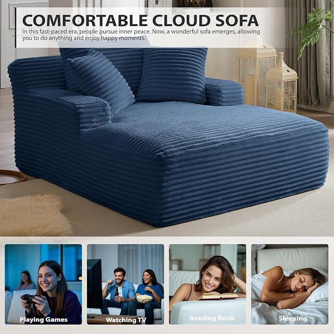 50 Inches Chaise Lounge Indoor, Oversized Chaise Lounge Chair with 3 Throw Pillows and Armrests, Corduroy Upholstered Plush Sofa Bed Lazy Chair Bed Sleeper Chair for Living Room Apartment (Blue)