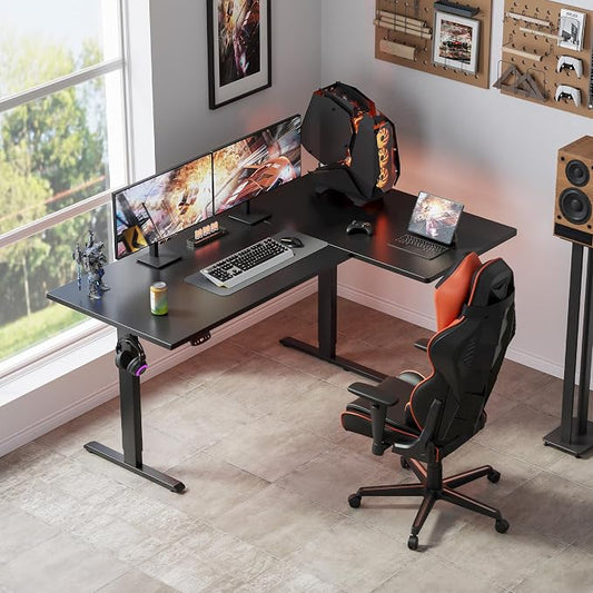 Klicelor L Shaped Standing Desk, 63 Inch Electric Height Adjustable Desk with Memory Preset, Reversible Sit Stand Up Computer Workstation for Home Office, Splice Board, Black