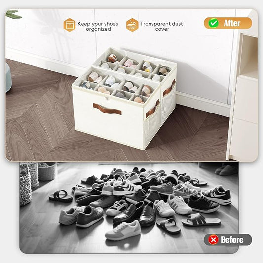 Budding Joy 2 Pack Shoe Organizer for Closet, Clear Foldable Shoe Storage Containers Adjustable Dividers Fits 16 Pairs,Shoe Storage Bins Baskets Boxes with Reinforced Handles Beige | Farbic shoe storage organizer box bin with clear cover, fits up to 16...