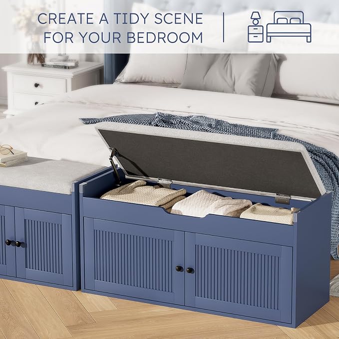 47.2" Storage Bench - Entryway Shoe Bench with 4 Doors and Top Storage Area, Multifunctional Entryway Bench with Lift Top Cushion, Shoe Storage Bench for Bedroom, Living Room, Navy Blue