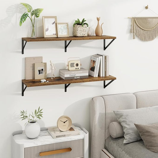 Axeman Deep Floating Shelves | 36 Inch Brown Wall Shelves Set of 2 | 10 Inch Deep Wood Floating Shelves for Wall | 36" W x 10" D Rustic Brown Shelves for Living Room Bathroom Kitchen