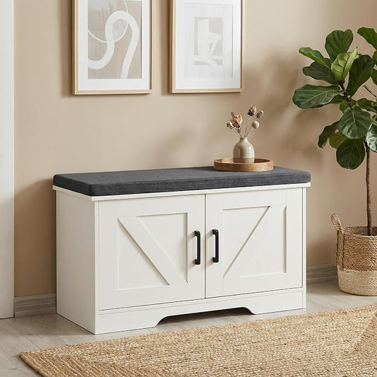 HOMSHO Farmhouse Shoe Storage Bench with 2 Barn Doors & Padded Seat Cushion | 27.6" Wide Entryway Bench with Adjustable Shelves & Hidden Storage, White