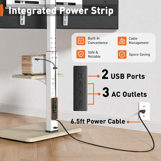 Perlegear Floor TV Stand with Power Outlet, Universal TV Stand for 32-75 inch TVs up to 110 lbs, Tall TV Mount for Bedroom with Shelf, Wood Base, Height Adjustable, Max VESA 600x400mm, White, PGFS06W