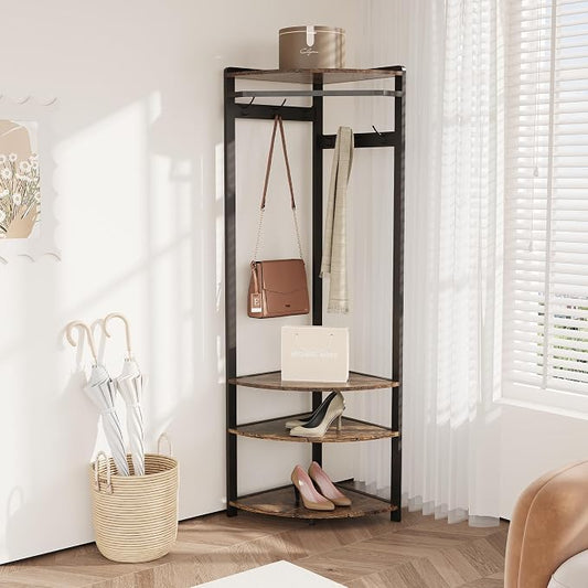 Coat Rack Freestanding with 6 Double Hooks, Shoe Bench & Storage Shelf - Freestanding Hall Tree Organizer for Entryway, Bedroom, Living Room, Space-Saving,Retro color