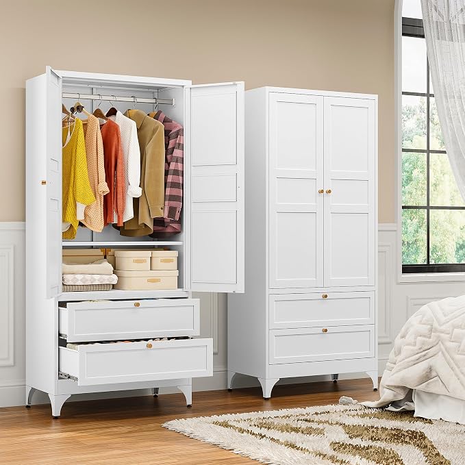 BYNSOE Metal Armoire Wardrobe Closet with 2 Drawers 72'' Wardrobe Cabinet with Drawers and Hanging Rail Metal Closet with Adjustable Shelves for Bedroom. (White, with 2 Drawers)