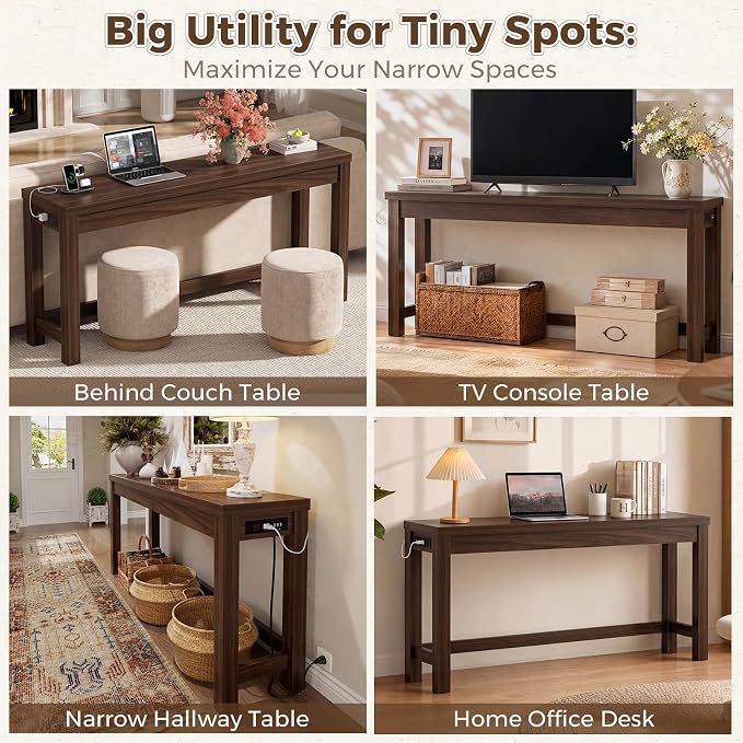 Cyclysio 63" Console Table with Charging Station, 13.8" Deep Farmhouse Sofa Table Behind Couch with 2 AC Outlets & 3 USB Ports, Long Entryway TV Console or Home Office Desk, Black Walnut