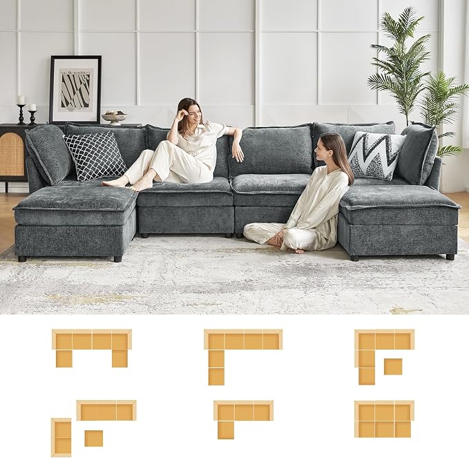 HULALA HOME 97'' Modular Sectional Sofa, L Shaped Couch with Storage Ottoman, Comfy Chenille Sofa with Deep Seat, 4 Seat Convertible Sectional Couches for Living Room, Grey