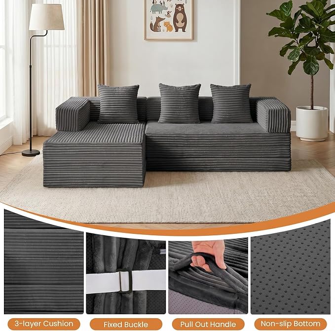79" Modular Sectional Sofa, Boneless Convertible Sleeper Sofa Bed, Modern Tri-Folding Cloud Couch with L-Shape Chaise, Corduroy Futon for Living Room Small Spaces Apartment, No Assembly,Grey