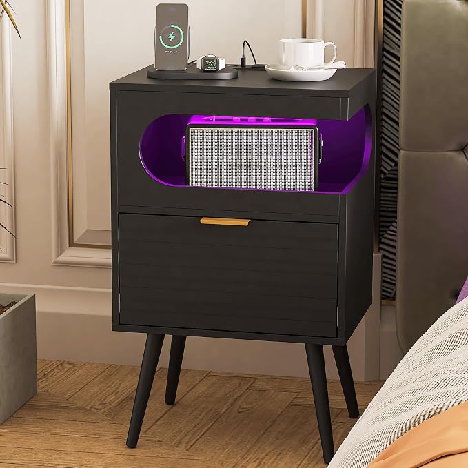 Veegle Nightstand,Modern Bedside Table with Storage Drawer and Open Wood Shelf, Accent Night Stand with Solid Wood Legs for Living Room, Bedroom and Small Spaces,Easy Assembly (Black-1)