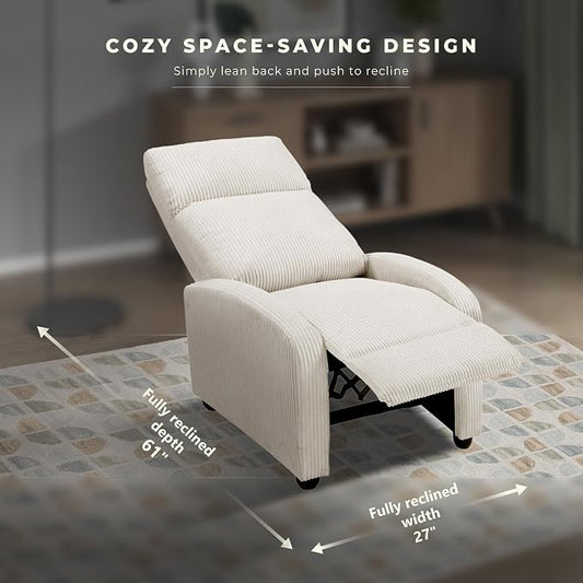 Lexicon Corduroy Pushback Recliner Chair Armchair Push Back Recliner, Solid Wood Frame and Metal Base, Easy Assembly Small Soft Single Sofa Accent Chair for Living Room/Office/Apartment, Beige