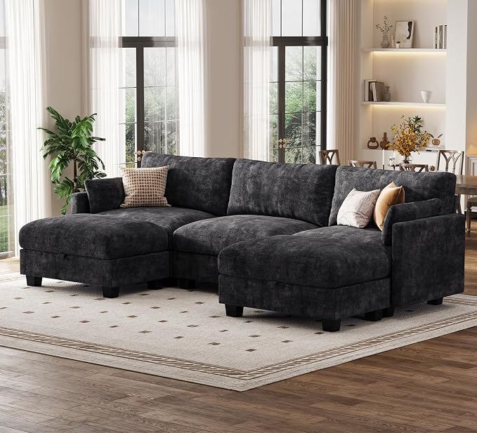 Sectional Couches for Living Room, U Shaped Modular Sectional Sofa, Cloud Couch with Storage Ottoman, Comfy Chenille Sofa with Pillow, Black