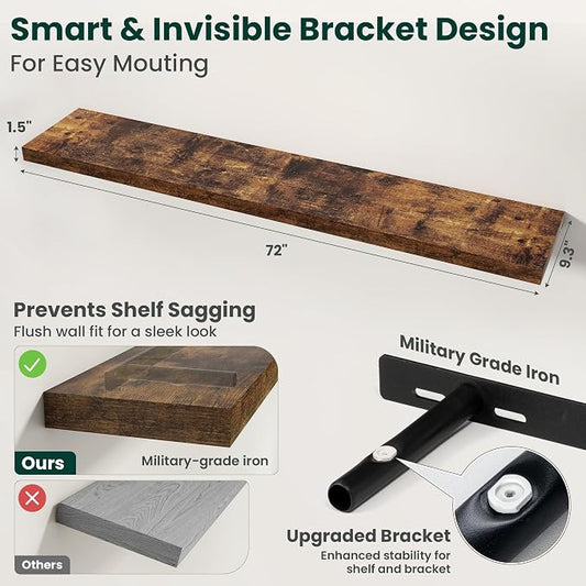 Floating Shelves for Wall 72 in x 9.3 in Deep, Wall Mounted Rustic Wood Shelf with Invisible Brackets for Storage & Display, Living Room Bedroom Bathroom, Brown, 1 Pack