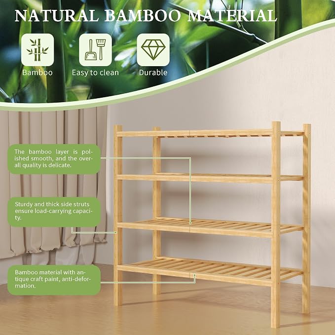 ROMGUAR CRAFT 4 Tier (Thick) Bamboo Shoe Rack for Closet Free Standing Wood Shoe Shelf for Entryway Small Space Stackable 27"x12"x28" (Natural)