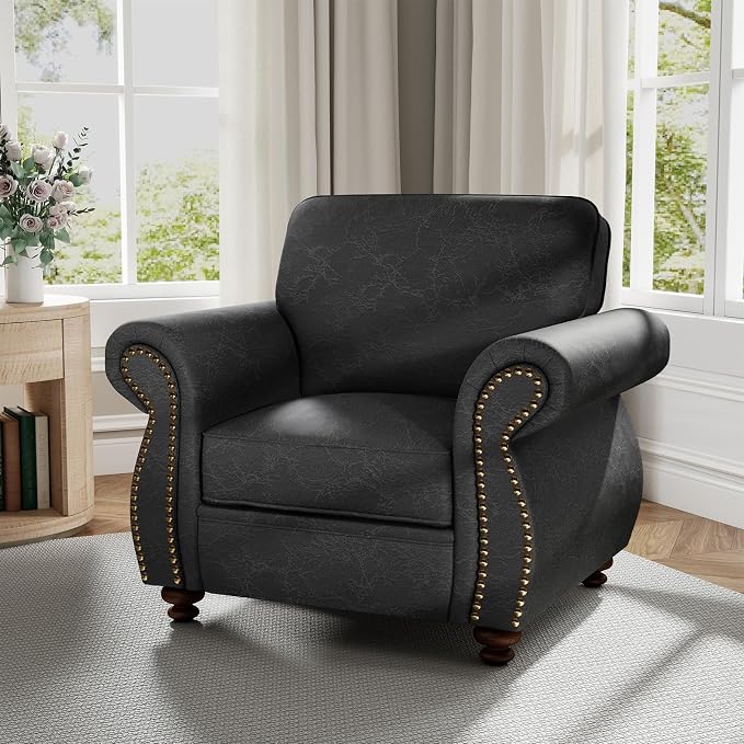 Couchus Vintage Accent Chair with Rivet Decoration, Traditional Upholstered Armchair, Living Room Chair, Rustic Single Sofa Chair for Bedroom, Reading Room & Office (Grey, Single)