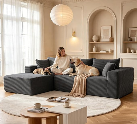 MANGODAN 110” Cloud Sectional Couch, Boneless Sofa for Living Room, Modular Sectional Sofa with Deep Seat, Comfy Fluffy Couch with L-Shaped Chaise, No Assembly Required (Left-Facing Chaise, Dark Grey)