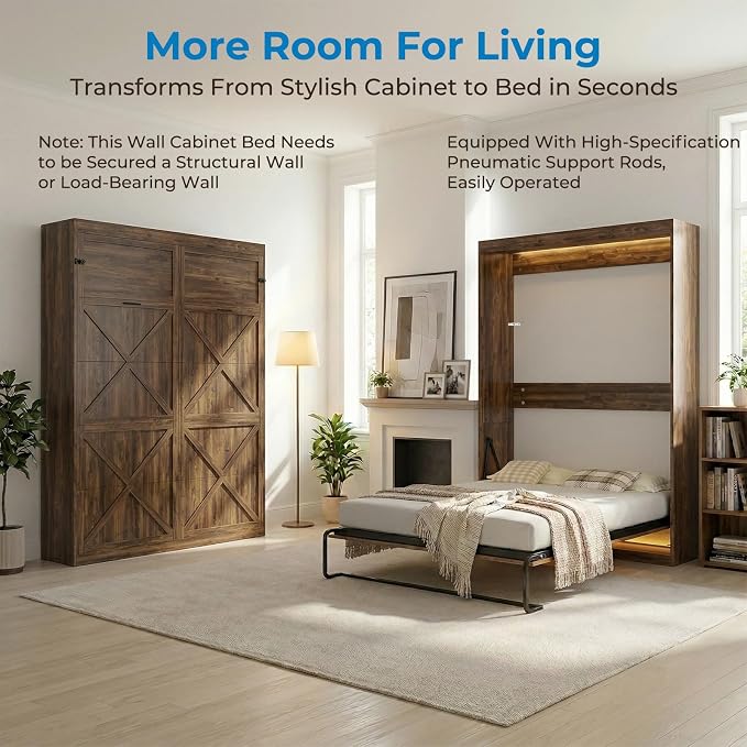 Mjkone Full Murphy Bed, Cabinet Beds Full Size, Modern Hidden Murphy Wall Chest Beds with Space-Saving Design, Adults Cabinet Guest Bed with 16 Colors of LED Lights for Bedroom, Apartment - Brown