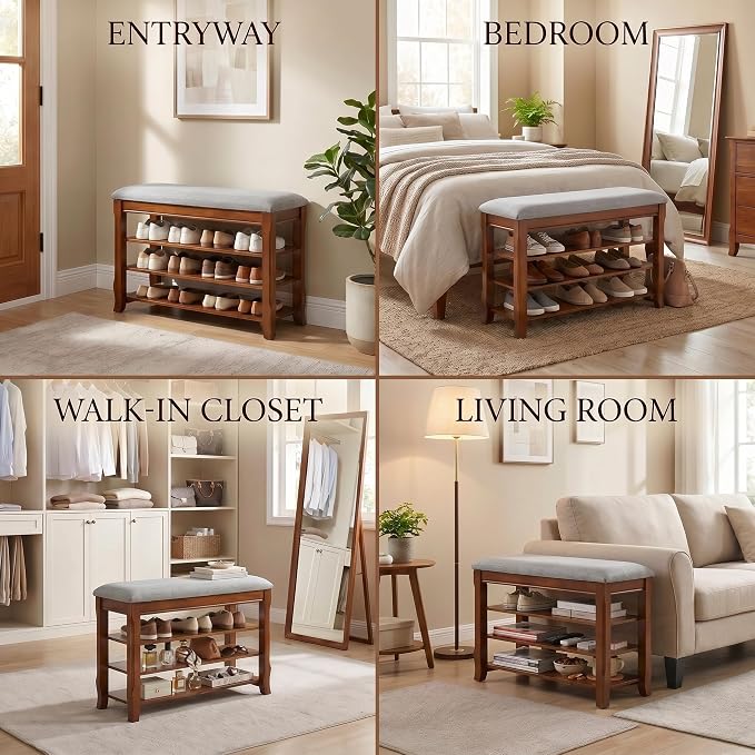 Solid Wood Shoe Bench with Storage, Flip-Top Soft-Close Lid, Adjustable Shelves, Cushioned Entryway Shoe Rack Organizer, 31.5”