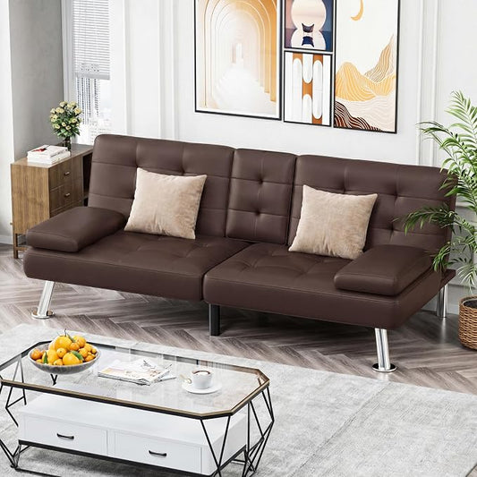Homall Futon Sofa Bed, Leather Futon Couch with Removable Armrests, Adjustable Recliner Sleeper Sofa Bed with Dual Cup Holders for Living Room, Apartment, Office (Brown)