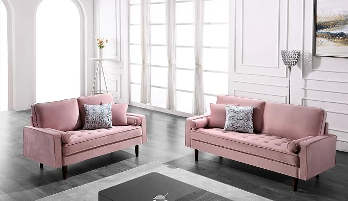 Container Furniture Direct Womble 58 Inch Velvet Loveseat Sofa with Elegant Button Tufted Upholstery, Square Arms, Splayed Wood Legs, Includes Matching Bolster Pillows, Rouge