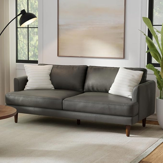 SIMPLIHOME Livingston 76" Wide x 33" High Sofa in Coal Top Grain Genuine Leather, Mid-Century Modern Loveseat for Living Room, Compact 2-Seater with Feather-Wrapped Cushions and Solid Wood Frame