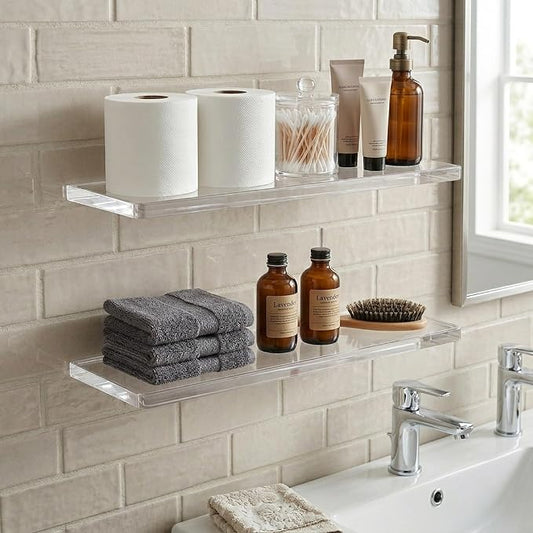 Set of 2 Acrylic Floating Shelves - 22" Clear floating shelves for Bathroom & Living Room - 22" x 7" x 0.6" Invisible Wall Mounted Shelves for Books , Lego Display, Waterproof, Holds 60 lbs on drywall