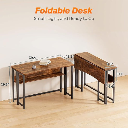 Huuger Folding Desk with Storage Shelf, 39.3 Inch Foldable Computer Table for Small Spaces, Space Saving Sofa Table for Couch, Writing Work Office Computer Desk, Easy to Fold, Rustic Brown