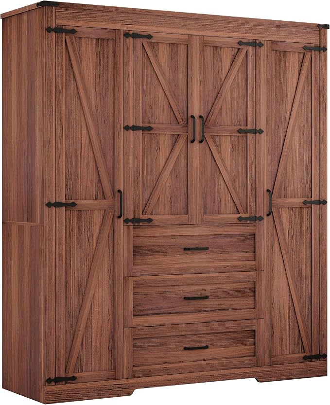 4 Door Armoire Wardrobe Closet Cabinet with 3 Drawers and Drawers, Farmhouse Bedroom Armoire with Hanging Rod and Adjustable Shelves, Large Capacity Storage Wardrobe Armoire for Bedroom, Brown