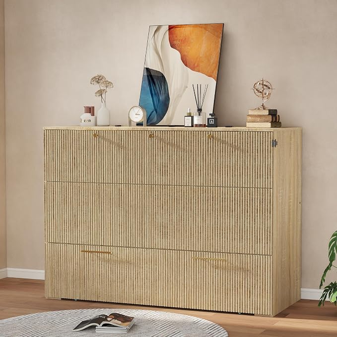 Full Size Murphy Bed Cabinet: Modern Murphy Bed Full Oak, Natural Wood Hidden Beds Cabinet with Charging Station, Contemporary Hideaway Beds for Apartments (Oak-Fluted)