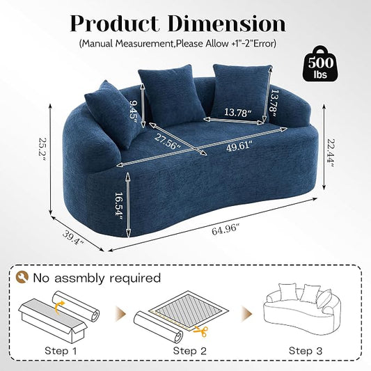 65" Curved Loveseat for Small Spaces,Boneless Loveseat Sofa,Wood Grain Chenille Fabric, No Installation Requirement, Curved Sofa Couch for Apartment,Living Room,Office (Blue, 65")