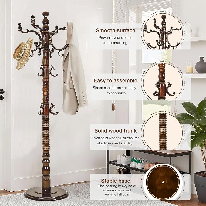 Wooden Coat Rack Freestanding with 18 Hooks, Adjustable Height Coat Tree Free Standing Heavy Duty for Entryway, Easy Assembly Solid Wood Sturdy Coat Hats Hanger Stand for Office Hallway Bedroom