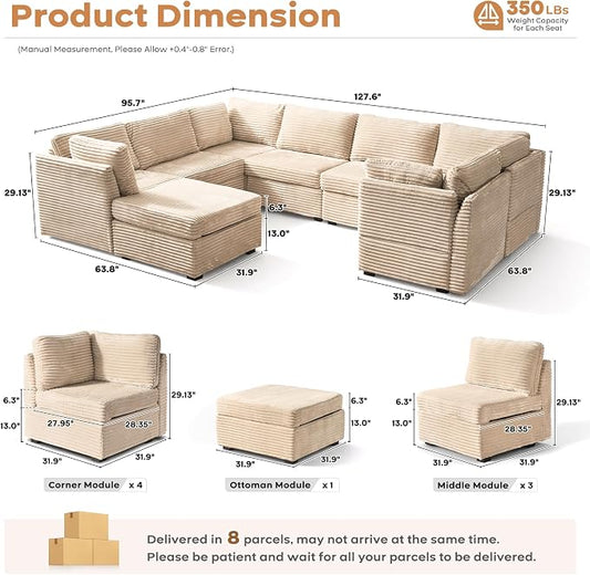 ovios Modular Sectional Sofa Couch with Sofa Bed L-Shape Chaise, Comfy Plush Corduroy Cloud Couches, Modern Luxury Deep Seat Sofas Set for Living Room, 8-Seater, Beige