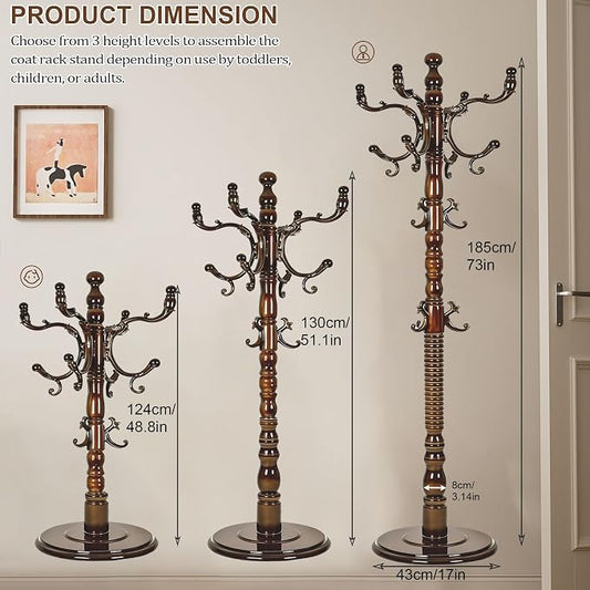 Wooden Coat Rack Freestanding with 18 Hooks, Adjustable Height Coat Tree Free Standing Heavy Duty for Entryway, Easy Assembly Solid Wood Sturdy Coat Hats Hanger Stand for Office Hallway Bedroom