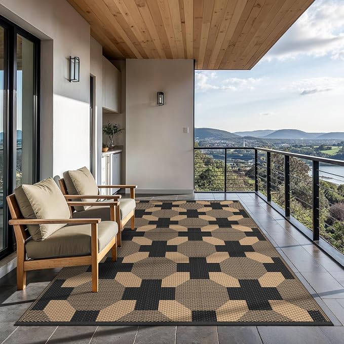 GENIMO Outdoor Rug for Patio Clearance, 6'x9' Reversible Geometric Plastic Straw Rugs, Lightweight Waterproof RV Camping Mat for Camper, Balcony, Deck, Backyard, Picnic, Black Brown