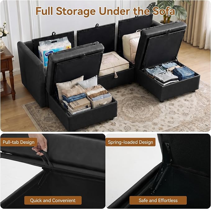 80" Black Faux Leather Storage 3 Seater Sofa with 2 Ottomans, Comfy Couch | Convertible Modular Sectional Sofa, U Shaped Oversized Couch, Upholstered Large Cloud Couch For Living Room, Apartment.