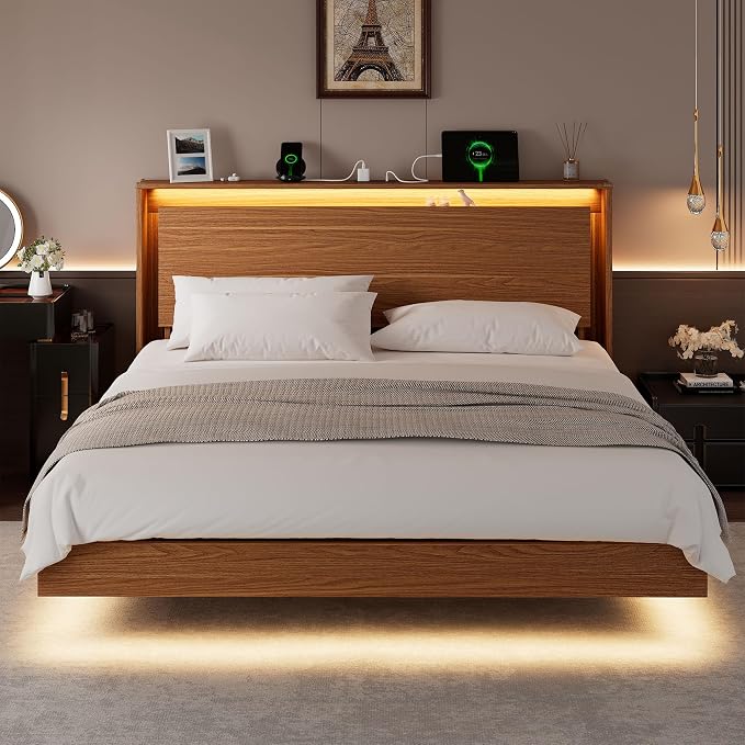 Einhomn King Size Bed Frame with LED Lights & Charging Station – Wood Floating Bed Frame with Storage Headboard, Adhesive Slats, Kick-Free & Noise-Free Design, Easy Assembly, Walnut