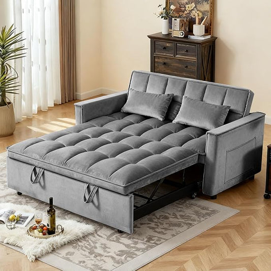 3 in 1 Convertible Sofa Bed, Love Seat Sleeper Bed with Side Pockets, Velvet Fabric Pull Out Couch with Adjustable Backrest for Living Room, Bedroom, Gray Apartment, Gray
