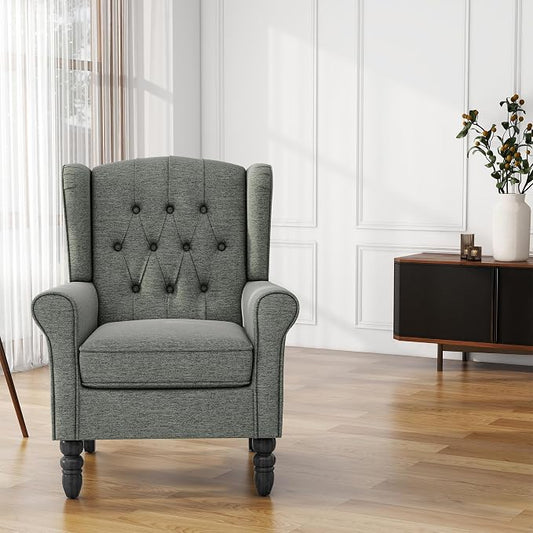 High Back Accent Chair, Fabric Wingback Chair Upholstered Armchair for Living Room, Retro Comfy Single Sofa Bedroom Reading Seat with Solid Wood Legs - Gray