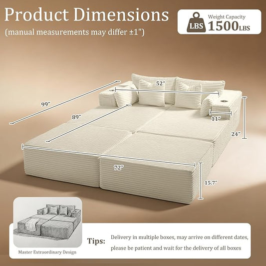 72" Cloud Sectional Couch, Comfort Sleep Sofa for Living Room, Extra Deep Seats No Assembly, Minimalist Modular Couch, Corduroy (Cream, Extend Loveseat Chaise)
