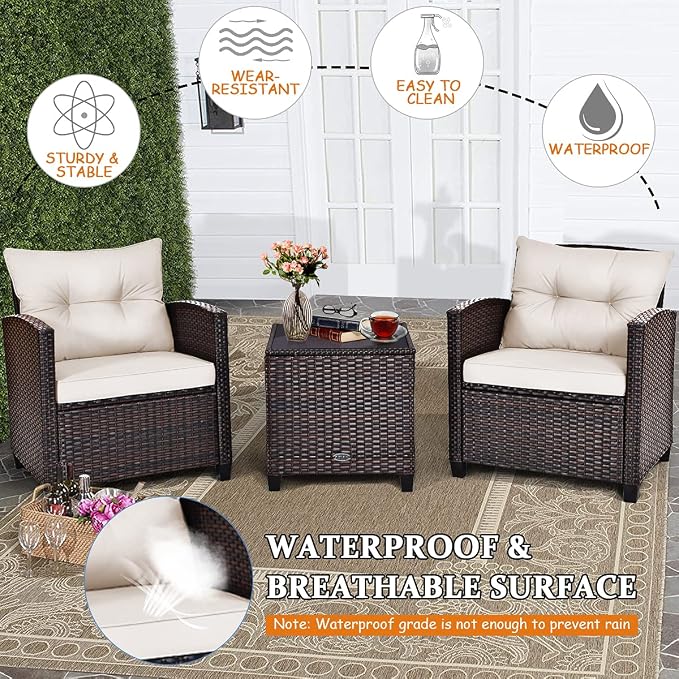 Tangkula 3 Pieces Patio Furniture Set, PE Rattan Wicker 3 Pcs Outdoor Sofa Set w/Washable Cushion and Tempered Glass Tabletop, Conversation Furniture for Garden Poolside Balcony (White)