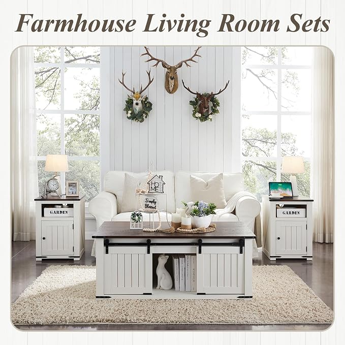 IFGET 48" Lift Top Coffee Table, Farmhouse Cocktai with Sliding Groove Barn Door, Rustic Wood Center Table w/Double Storage Spaces for Living Room, White