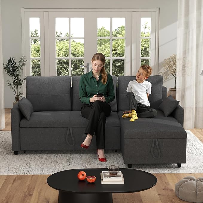 L Shaped Sleeper Sofa Bed with Storage: 81" Grey L Shaped Couch with Pull Out Bed, Queen Size Corner Sectional Couch with Storage Chaise, Convertible Sofa Beds Space Saving