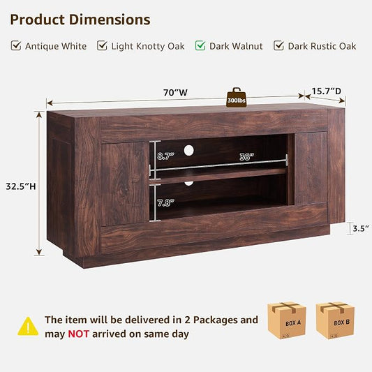 OKD Modern 70" TV Stand, Entertainment Center for TVs Up to 80", Media Console with Large Open Storage & Side Cabinets, Thick Wood Design for Living Room, Dark Walnut