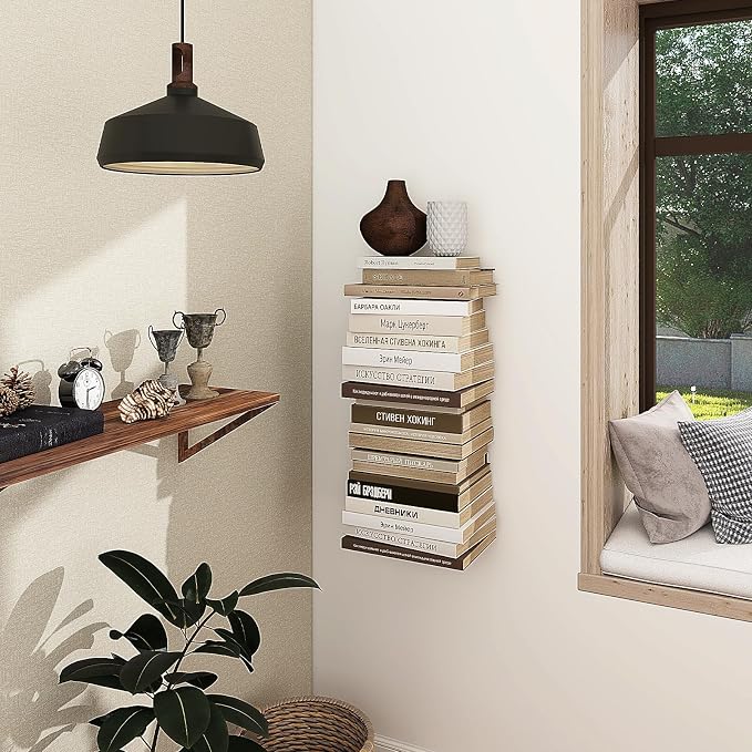 Mefirt Invisible Floating Bookshelves for Wall, 4 Tier Vertical Spine Book Tower, Heavy Duty Floating Book Shelves Metal Book Organizers for Home Office, 2 Pack(White)