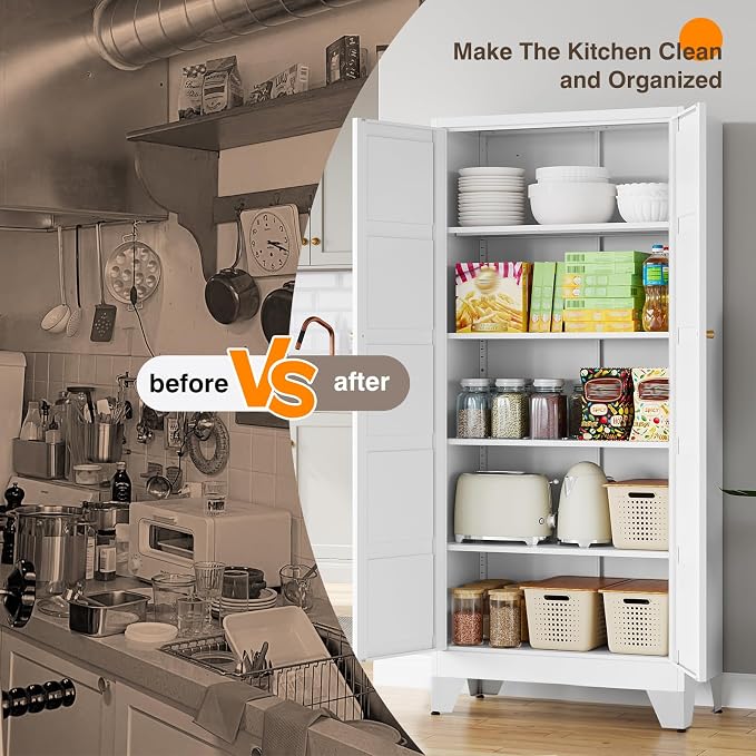 Yizosh Metal Storage Cabinet with 2 Doors and 4 Adjustable Shelves,- 71" White Kitchen Pantry Storage Cabinet for Kitchen,Dining Room,Living Room