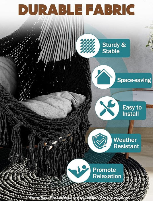 Chihee Hammock Chair Handmade Hanging Chair Cotton Rope Woven Hanging Seat Soft-Spun Large Stretch Hammock Swing, Collapsible Strong Metal Spreader Bar Elegant Macrame Comfort Indoor Outdoor Garden