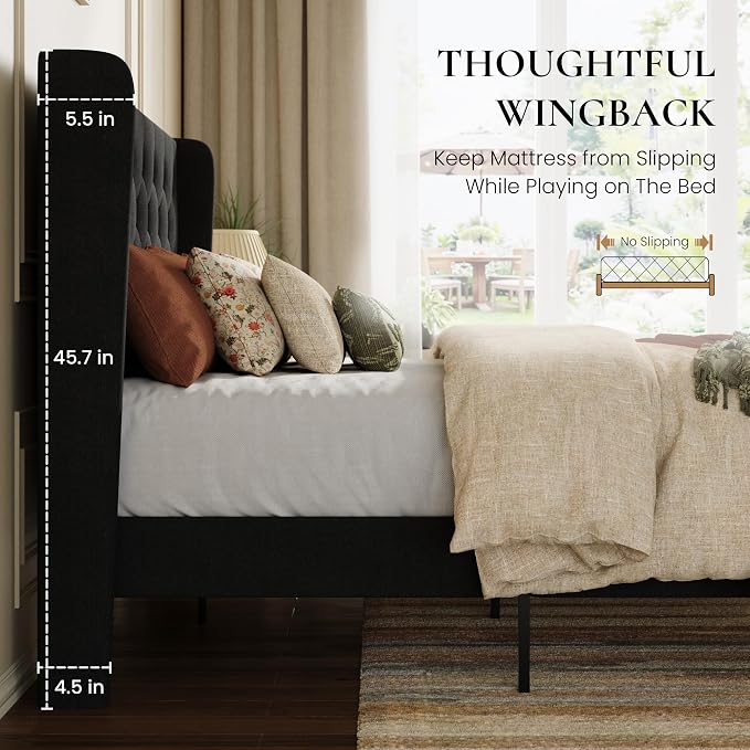 SHA CERLIN Queen Size Platform Bed Frame with Upholstered Headboard and Wingback, Button Tufted Design, Easy Assembly, No Box Spring Needed, Black