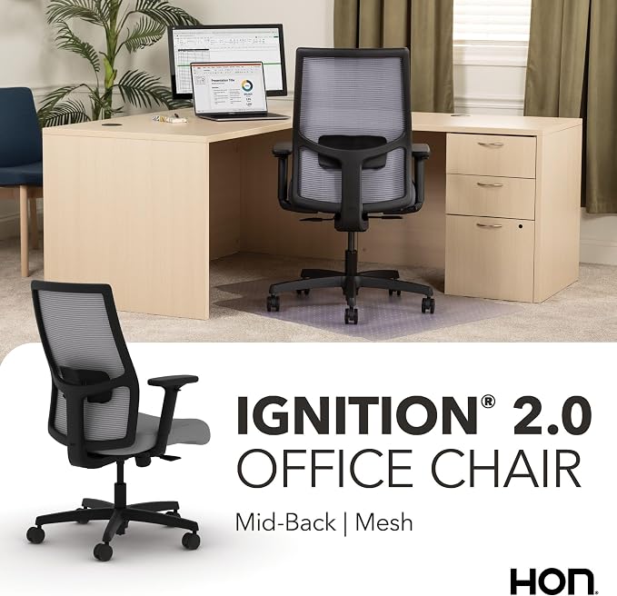 HON Ignition 2.0 Mid‑Back Ergonomic Office Chair, Mesh Task Desk Chair with Lumbar Support, Standard Synchro‑Tilt, Height and Width Adjustable Arms, Black Frame, Frost